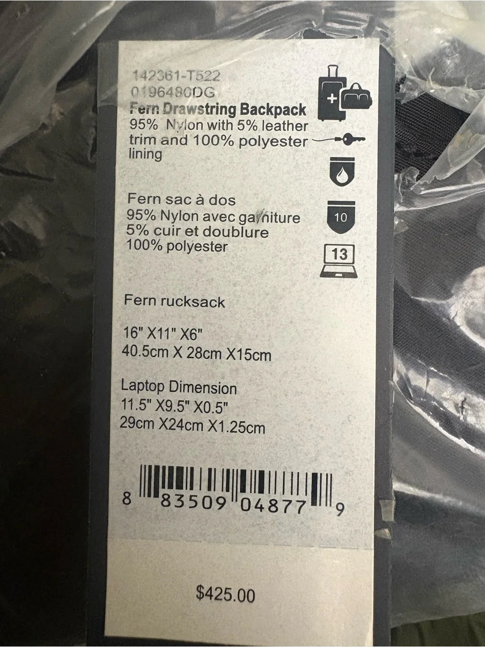 Tumi Fern Drawstring Backpack - Black NEW WITH TAGS!